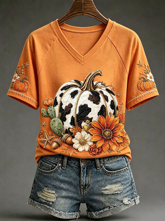 Women's Autumn Pumpkin V-Neck T-Shirts
