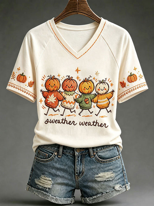 Women's Fall Pumpkin V-Neck T-Shirts