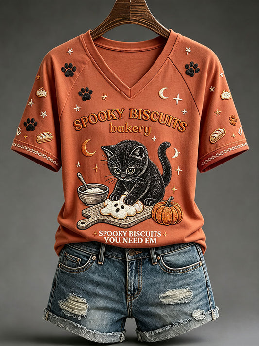 Women's Fall Black Cat V-Neck T-Shirts