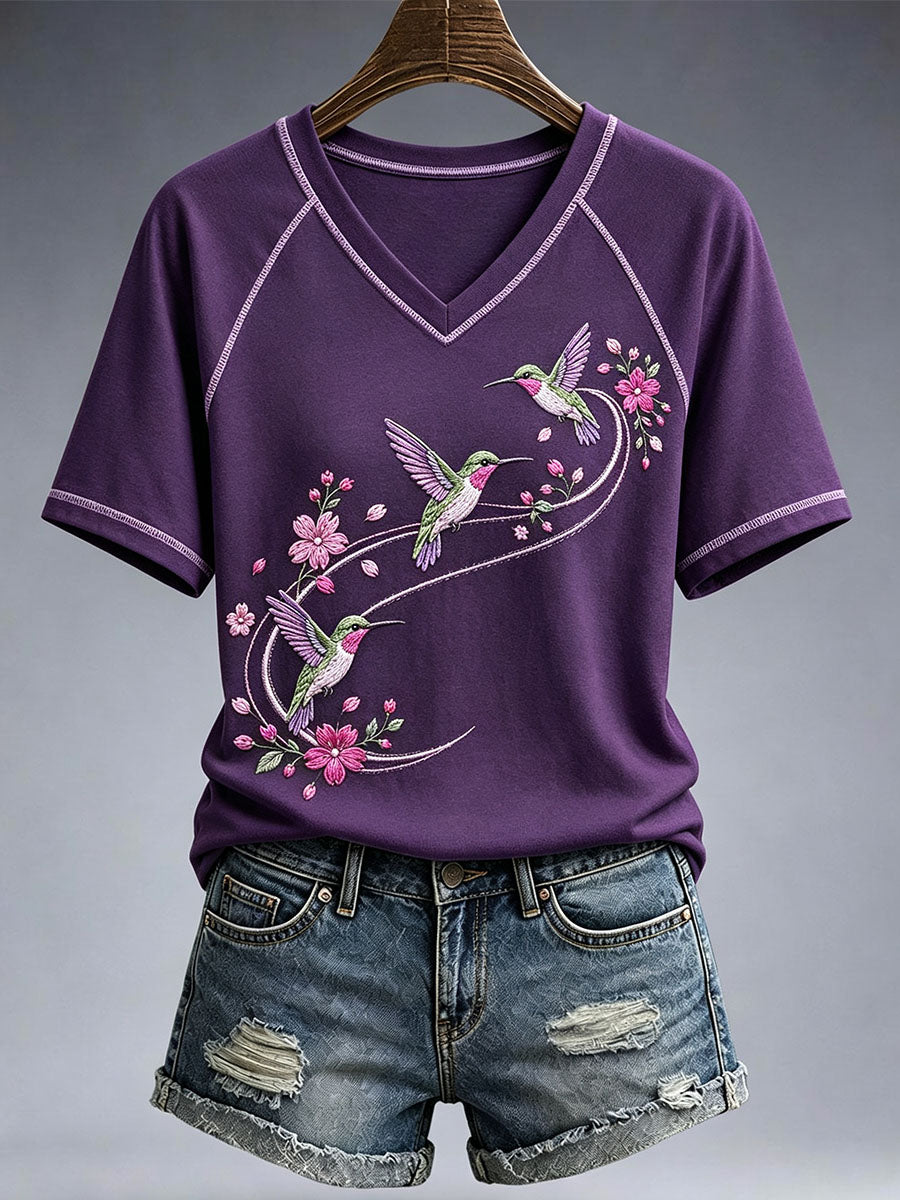 Women's Hummingbird And Floral Embroidery Art T-Shirt