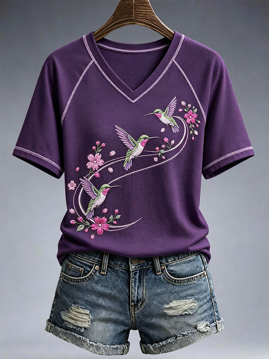 Women's Hummingbird And Floral Embroidery Art T-Shirt
