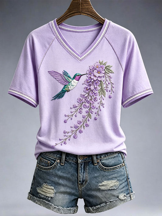 Women's Hummingbird And Floral Embroidery Art T-Shirt