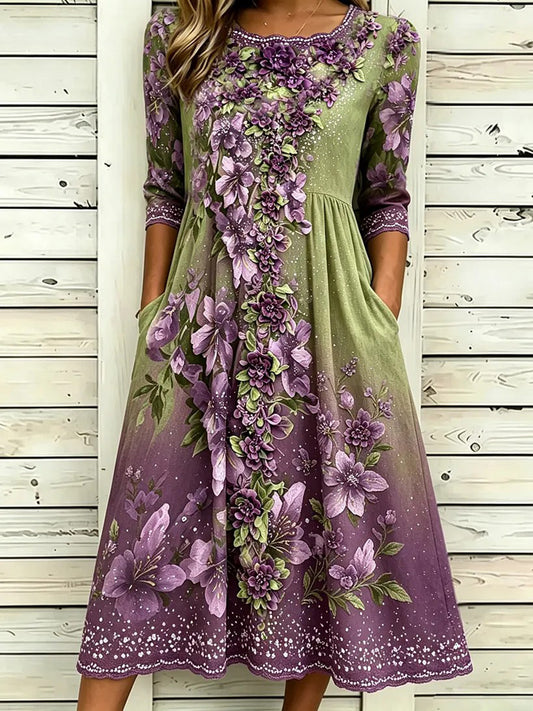 Women's Purple Floral Art Print Linen Dress