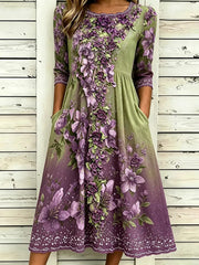 Women's Purple Floral Art Print Linen Dress