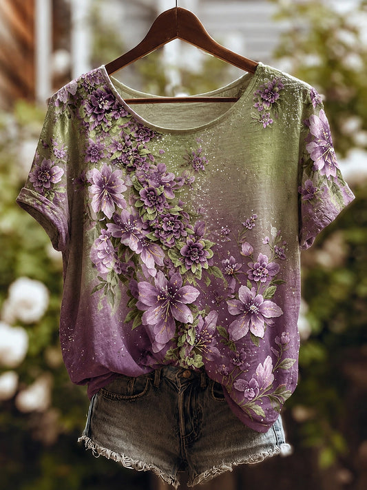 Women's Purple Floral Art Print T-shirt