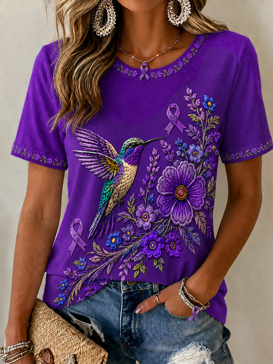 Women's Purple Floral & Hummingbird Print Alzheimer's Awareness Support Tee