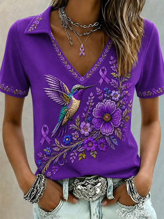 Women's Purple Floral & Hummingbird Print Alzheimer's Awareness Support V-Neck Top