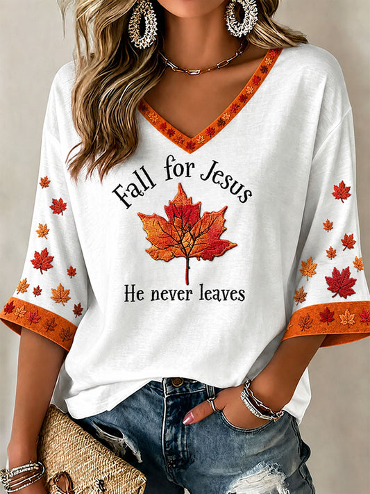 Women's Fall For Jesus He Never Leaves T-Shirt
