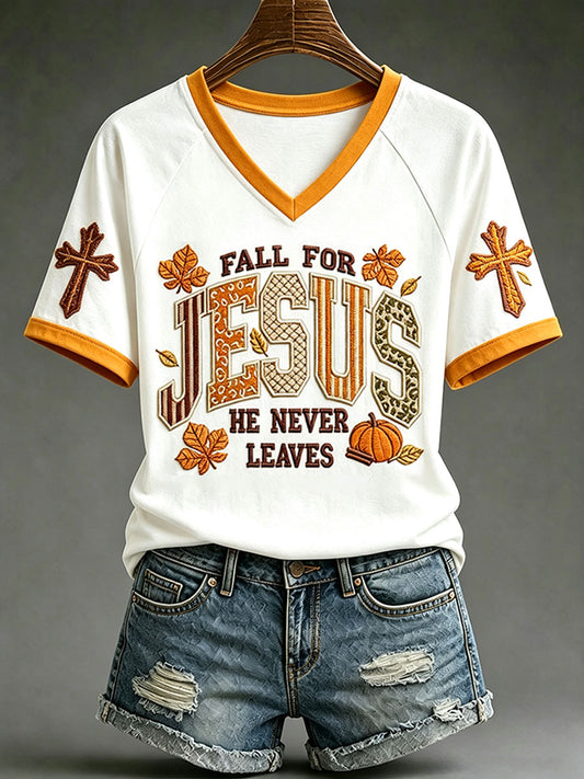 Women's Fall For Jesus He Never Leaves T-Shirt