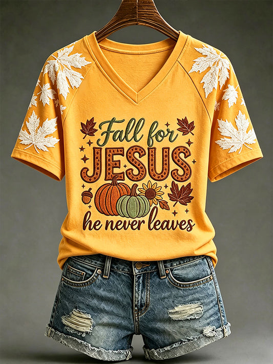 Women's Fall For Jesus He Never Leaves T-Shirt