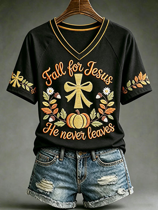 Women's Fall For Jesus He Never Leaves T-Shirt