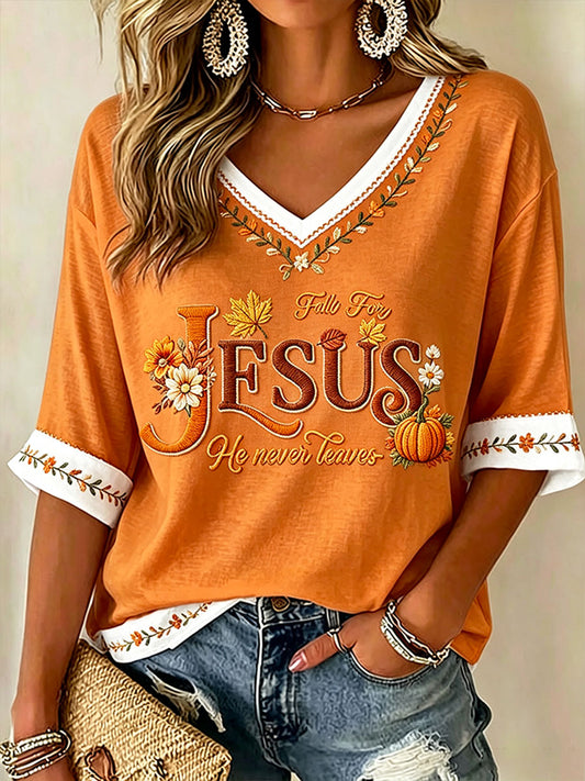 Women's Fall For Jesus He Never Leaves T-Shirt