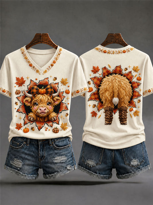 Women's Fall Highland Cow Print Casual T-Shirt