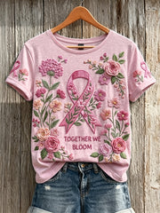 Women's Classy Floral Pink Ribbon Art Print Short-sleeved T-shirt