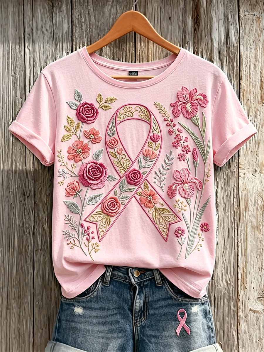 Women's Classy Floral Pink Ribbon Art Print Short-sleeved T-shirt