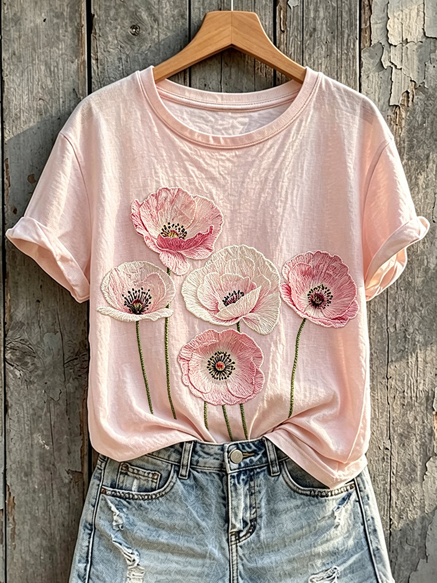Women's Classy Pink Floral Print Short-sleeved T-shirt