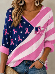 Women's Pink Ribbon & Flag Print Breast Cancer Awareness Support  Waffle T-shirt