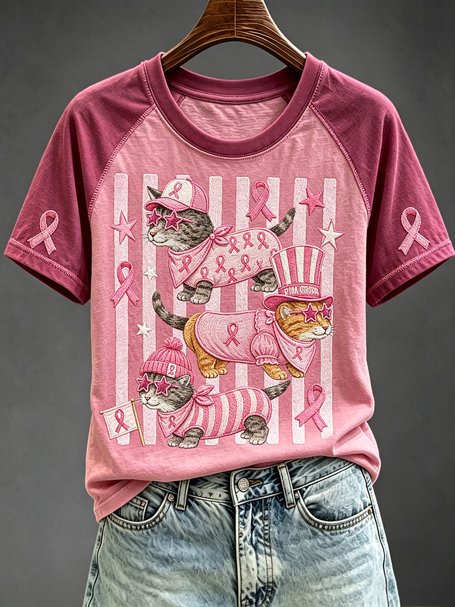 Women's Pink Ribbon Cat Print Round Neck Short Sleeve T-shirt