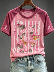 Women's Pink Ribbon Cat Print Round Neck Short Sleeve T-shirt