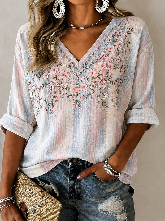 Women's Breast Cancer Flowers Print Casual T-shirt