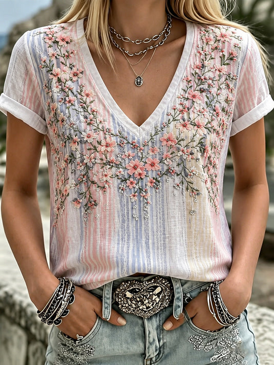 Women's Breast Cancer Flowers Print V-Neck Casual T-Shirt