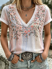 Women's Breast Cancer Flowers Print V-Neck Casual T-Shirt