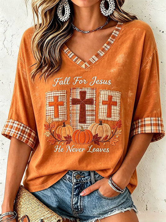 Women's Fall for Jesus He Never Leaves V-Neck Top