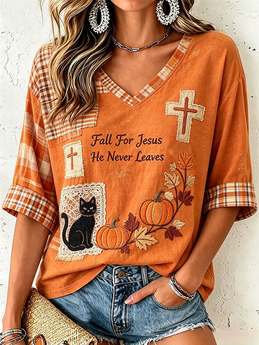 Women's Fall for Jesus He Never Leaves V-Neck Top