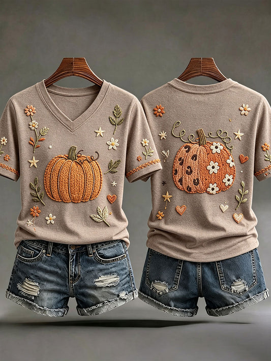 Women's Fall Pumpkin V-Neck T-Shirts