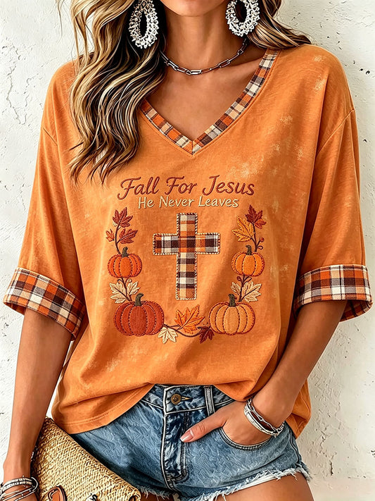 Women's Fall for Jesus He Never Leaves V-Neck Top