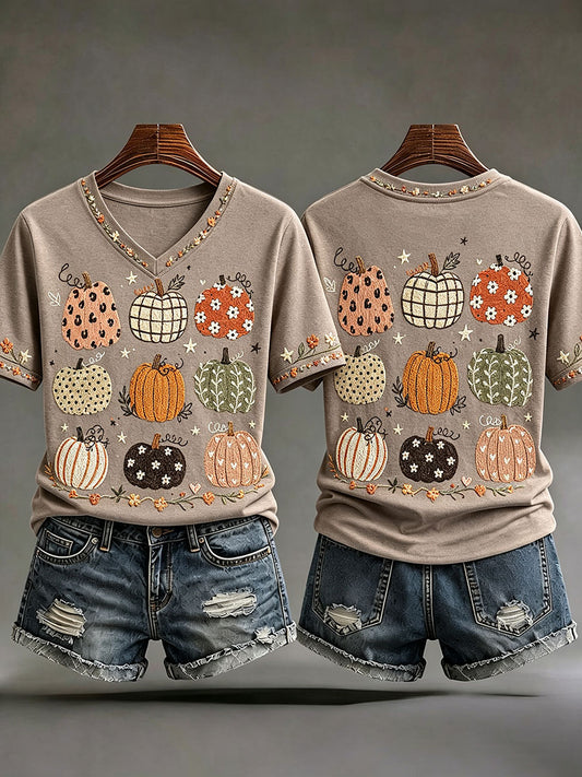 Women's Fall Pumpkin V-Neck T-Shirts