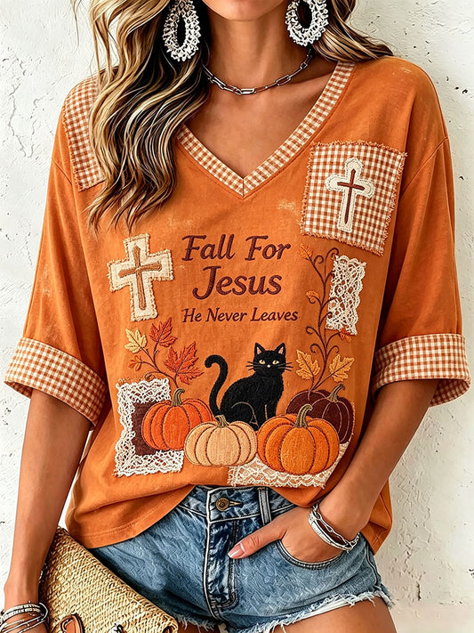 Women's Fall for Jesus He Never Leaves V-Neck Top