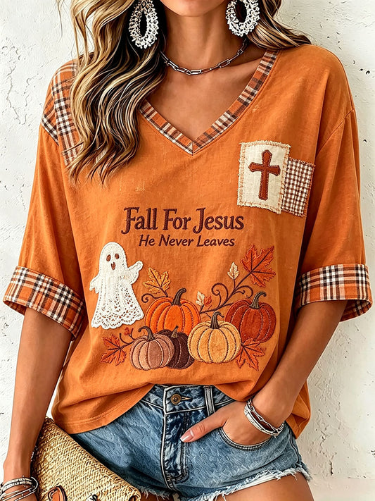 Women's Fall for Jesus He Never Leaves V-Neck Top