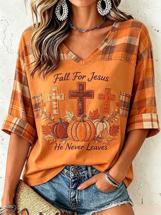 Women's Fall for Jesus He Never Leaves V-Neck Top