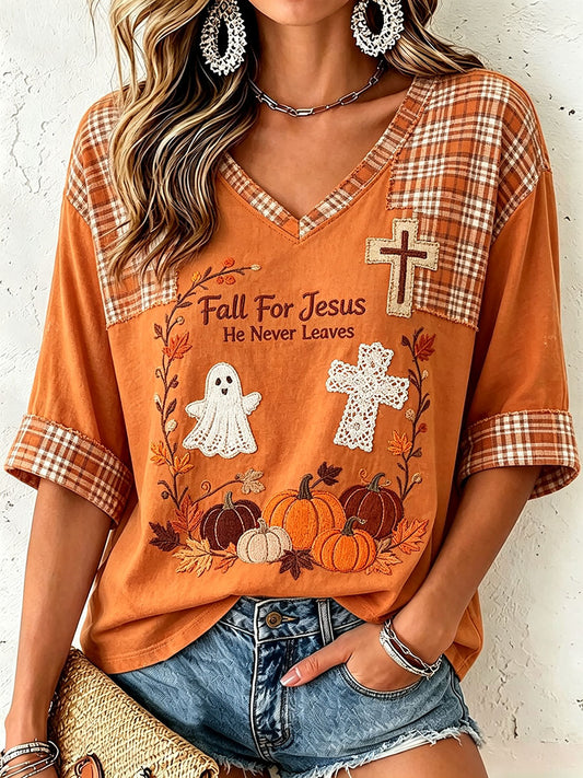 Women's Fall for Jesus He Never Leaves V-Neck Top
