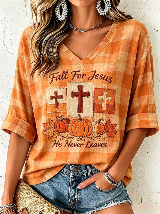 Women's Fall for Jesus He Never Leaves V-Neck Top