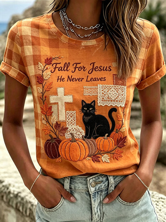 Women's Fall for Jesus He Never Leaves T-Shirt