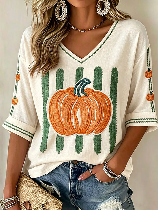Women's Fall Pumpkin V-Neck Tops