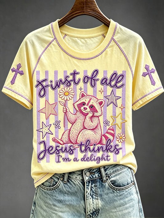 Women's First of All Jesus Thinks I'm A Delight Christian Raccoon Floral Print Short Sleeve T-shirt