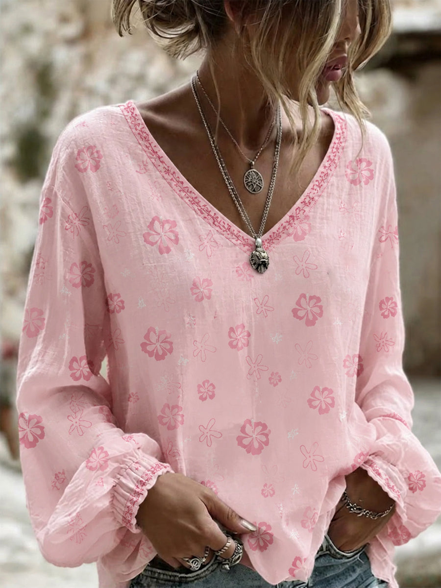 Women's Breast Cancer Pink Flowers Print Cotton-Linen Shirt