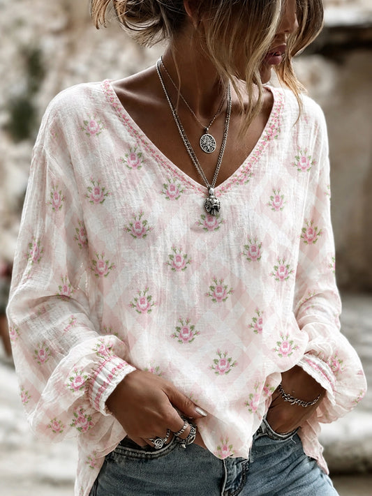 Women's Breast Cancer Pink Flowers Print Cotton-Linen Shirt
