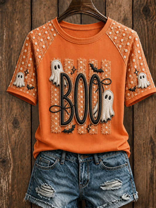Women's Halloween BOO Spooky Striped Ghost Short Sleeve T-shirt