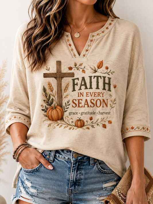 Women's Fall Casual Faith Graphic Print Mid-length Sleeves V-Neck T-Shirt