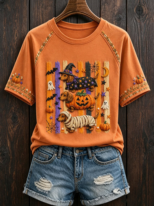 Women's Halloween Striped Dachshund Round Neck Short Sleeve T-shirt
