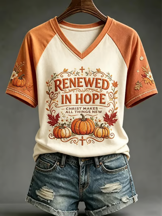 Women's Fall Casual Faith Graphic Print V-neck off-shoulder short-sleeved T-shirt