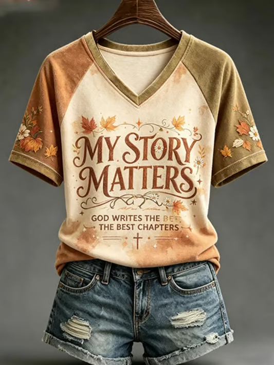Women's Fall Casual Faith Graphic Print V-neck off-shoulder short-sleeved T-shirt
