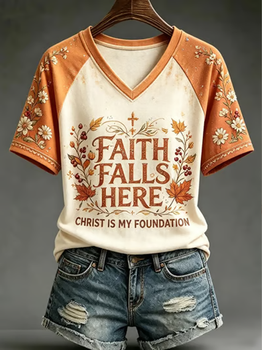 Women's Fall Casual Faith Graphic Print V-neck off-shoulder short-sleeved T-shirt