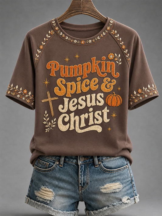 Women's Pumpkin Spice & Jesus Christ Print Casual Tee