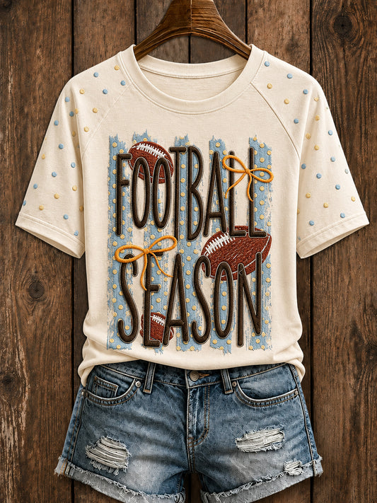 Women's Vintage Fall Football Season Print Round Neck Short Sleeve T-shirt