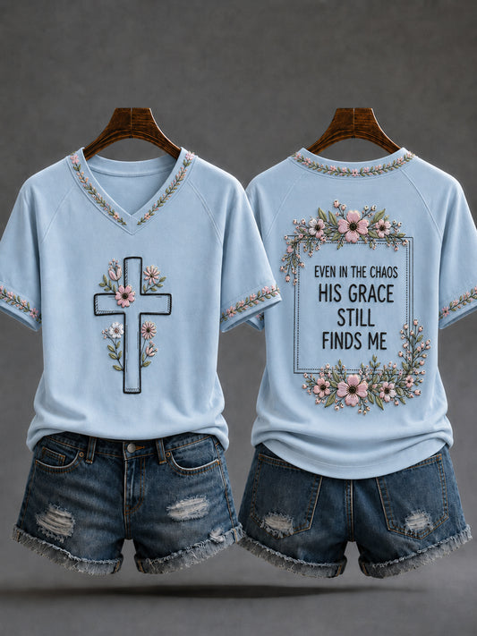 Women's Christian Even In The Chaos His Grace Still Finds Me Cross V-neck Off-shoulder Short-sleeved T-shirt